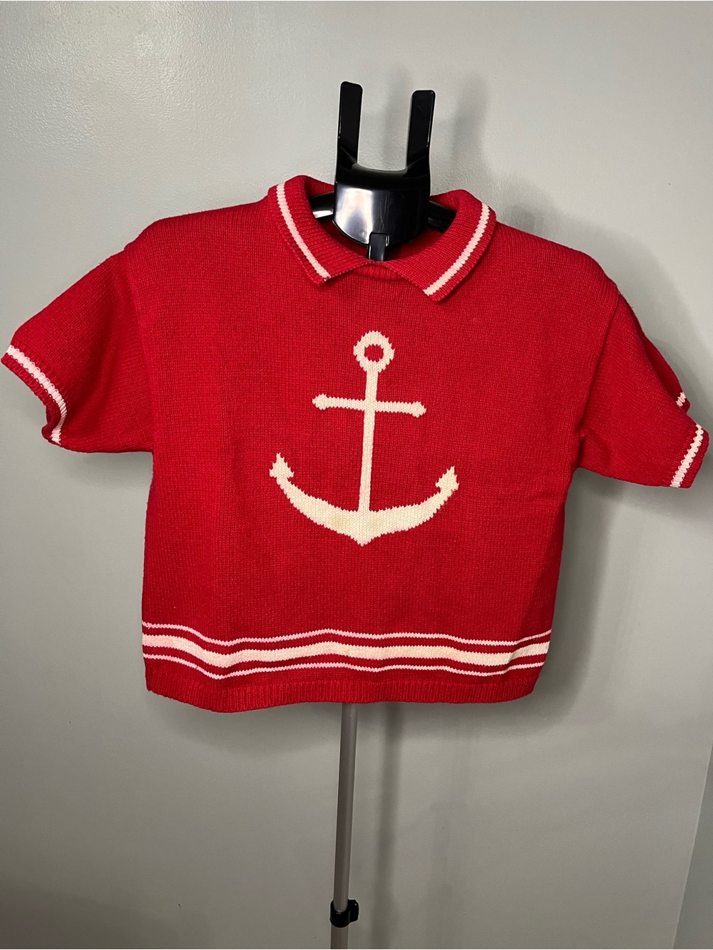 Nautical cropped red vintage knit polo collared short sleeve sweater 80s